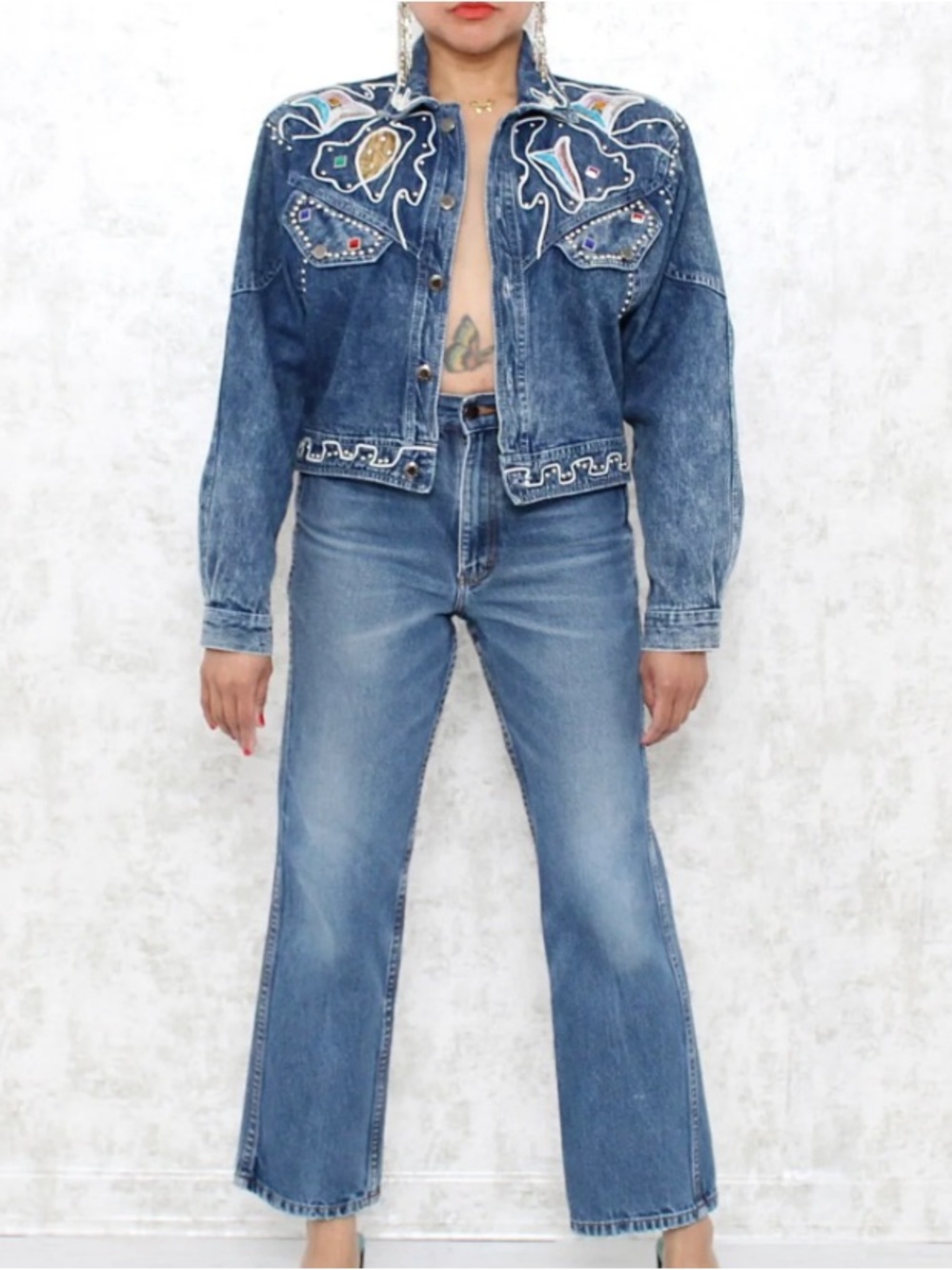 Main Jeans 1980s Jewelled Jean Jacket Size XL - Picture 4 of 15